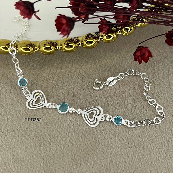 Pulseira Corações com Pedras Azul Prata 925 - 18cm - PPR382