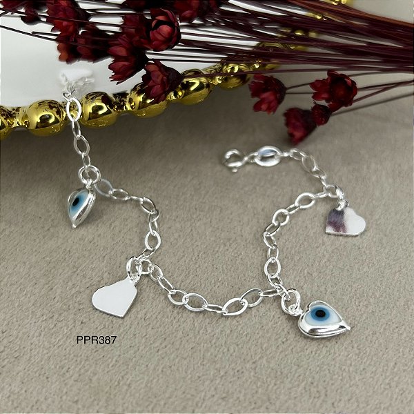 Pulseira Olho Grego com Coração - 18cm - 2,5g - PPR387