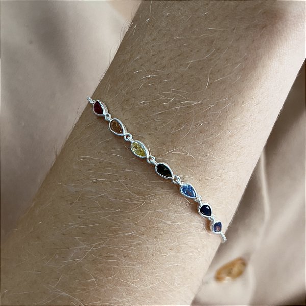 Pulseira Gota Pedras Coloridas Prata 925 - 18cm+3cm  - PPR406