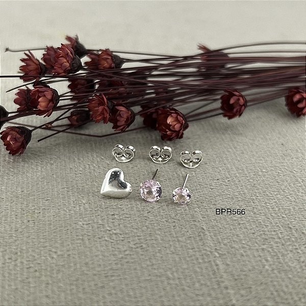 Trio de Brincos Coração com Ponto de Luz Pedra Rosa - BPR566