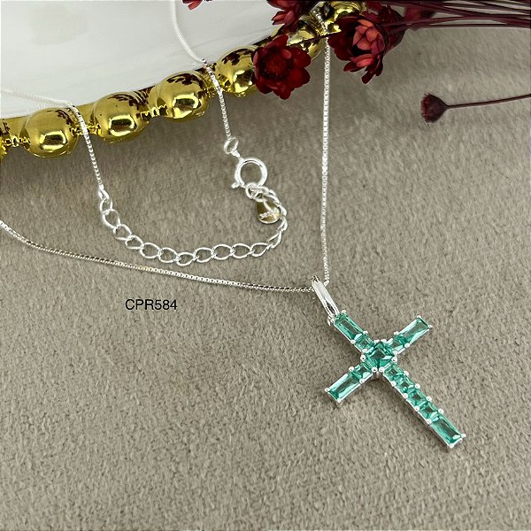 Gargantilha Crucifixo Cravejado com Zircônias Verde  Prata 925 - CPR584
