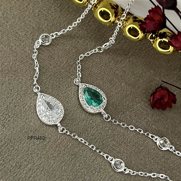 Pulseira Gota Cravejada Pedras Zircônias Prata 925 - 18+3cm PPR402