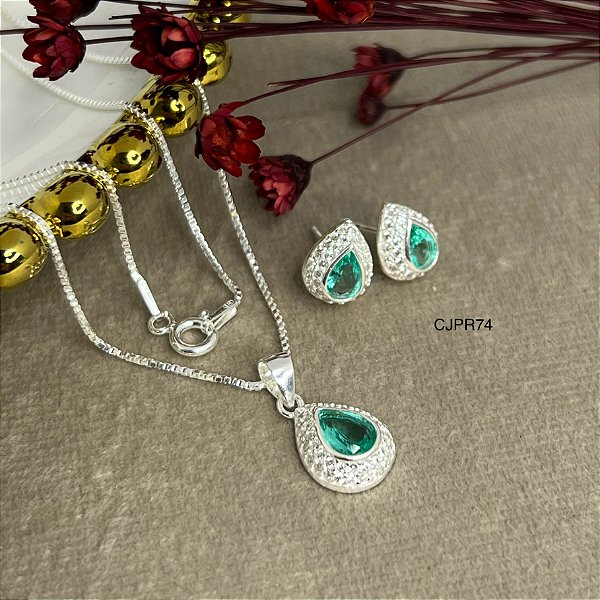 Conjunto Gota Cravejada Pedras Zircônias Prata 925 - CJPR74