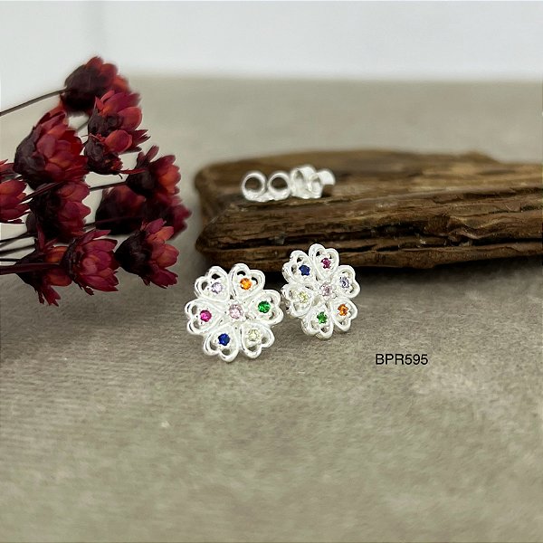 Brinco Flor Pedras Coloridas Prata 925 - BPR595