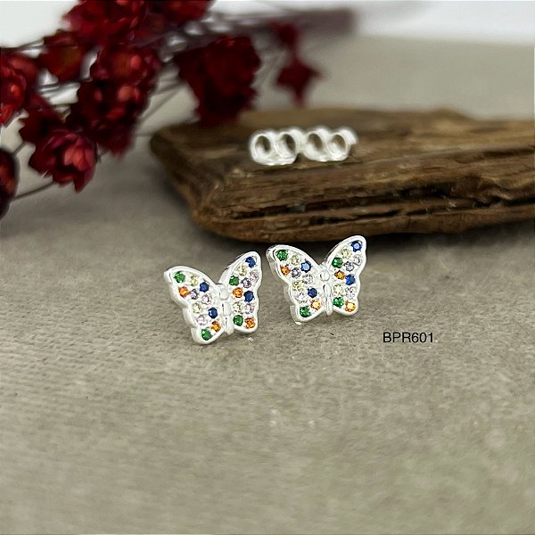 Brincos Borboleta Cravejado com Zircônias Colorida Prata 925 - BPR601
