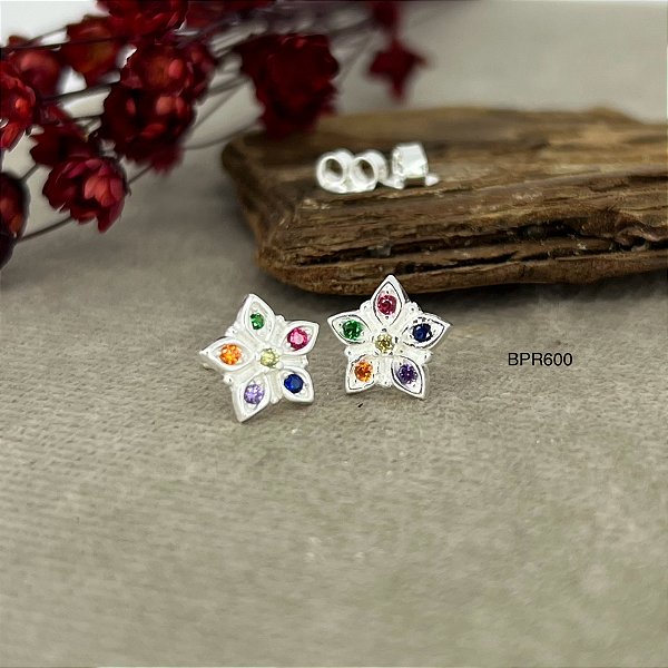 Brinco Flor Pedras Zircônias Colorida Prata 925 - BPR614