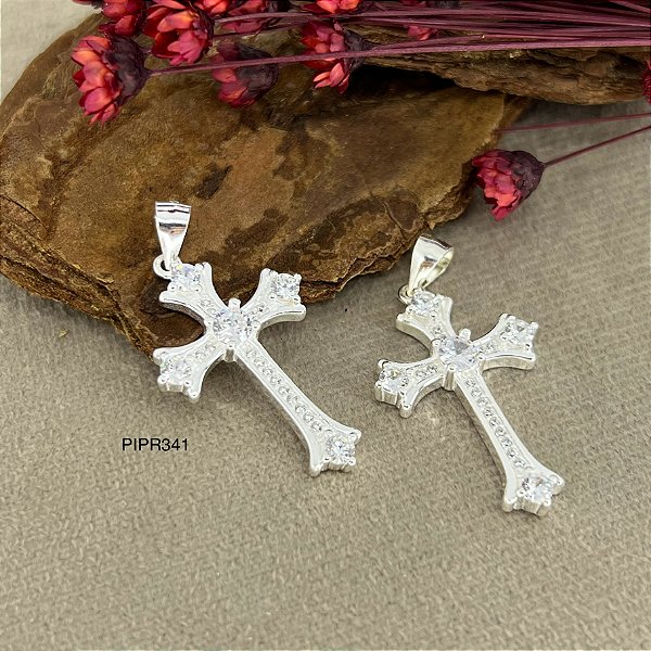 Pingente Crucifixo com Pedras Zircônias Prata 925 - 30mm - 3,0g - PIPR341