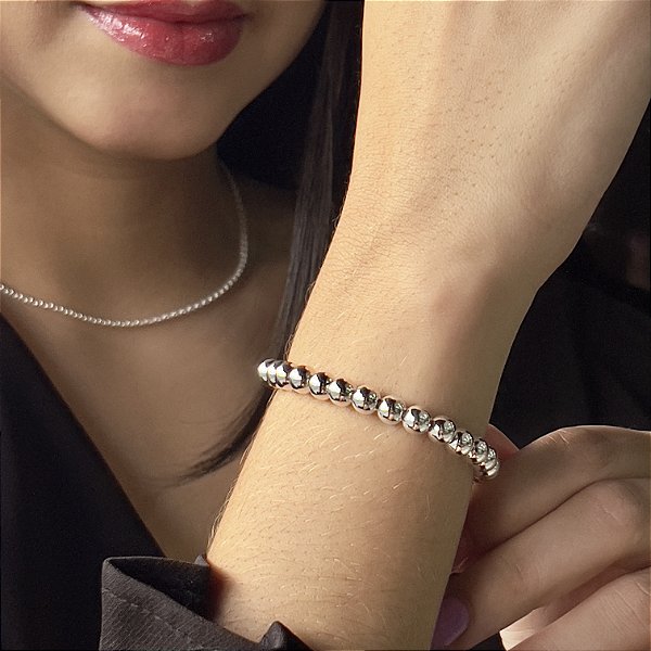 Pulseira Feminina com Bolas Lisa 6mm Prata 925 - 18+3cm - PPR445