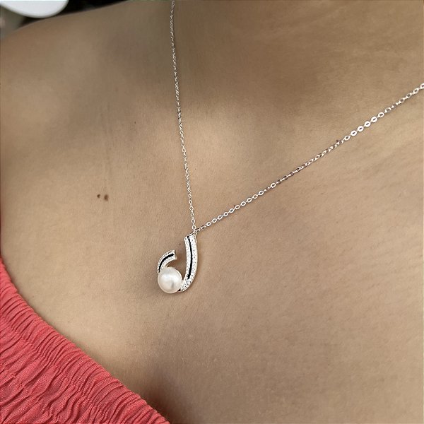 Gargantilha com Pingente Pérola Cravejado Prata 925 - 45cm - CPR628
