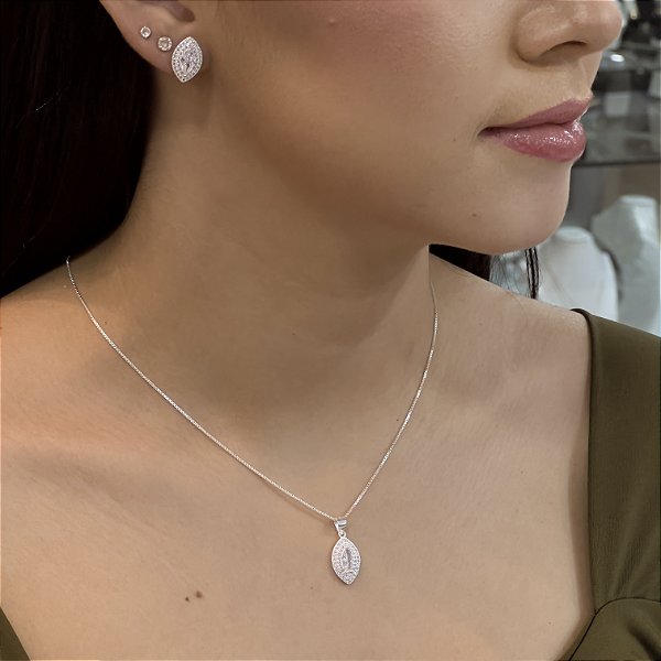 Conjunto Navete Cravejado com Zircônias Prata 925- CJPR84
