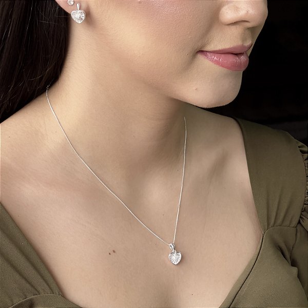 Conjunto Corações Cravejados Prata 925- CJPR86