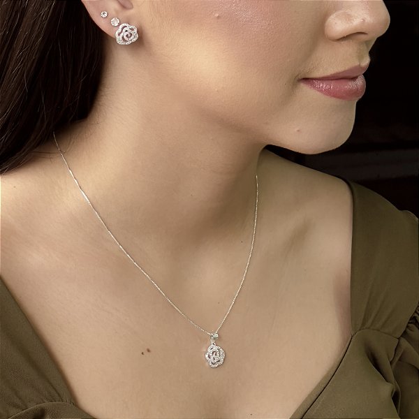 Conjunto Rosas Cravejadas Prata 925- CJPR88