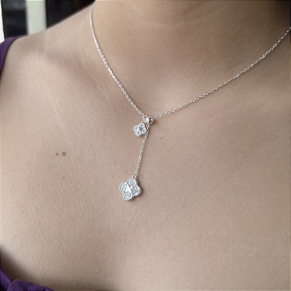 Colar Gravatinha Trevo Cravejado Prata 925 - CPR656