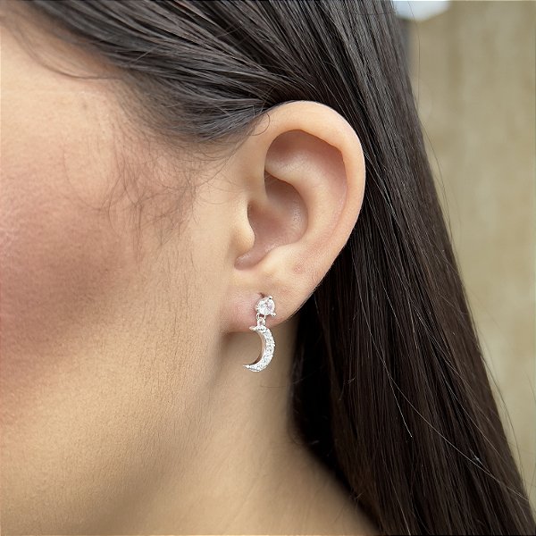 Brincos Lua Cravejada com Zircônias Prata 925 - 15mm - BPR672