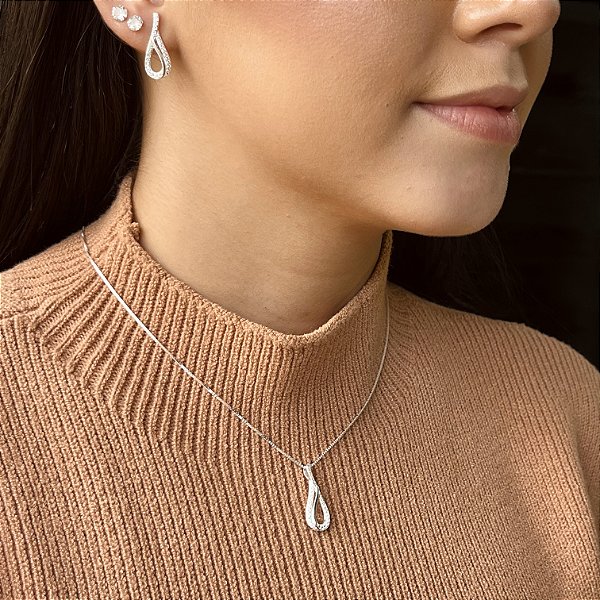Conjunto Gota Cravejada com Zircônias Prata 925 - 45cm - CJPR95