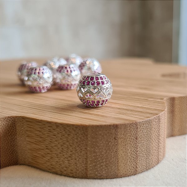 Berloque Separador Corações com Zircônias Rosa - Prata 925 - PD1345C