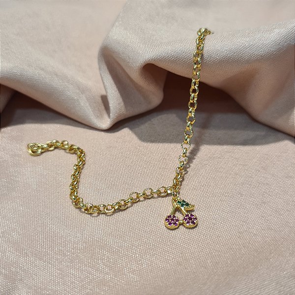 Pulseira Infantil com Cerejinha Cravejada Semijoia18k - MP98
