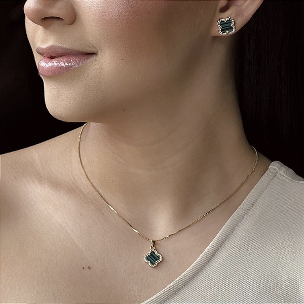 Conjunto Trevo Cravejado com Zircônias Semijoia18k - MCJ90