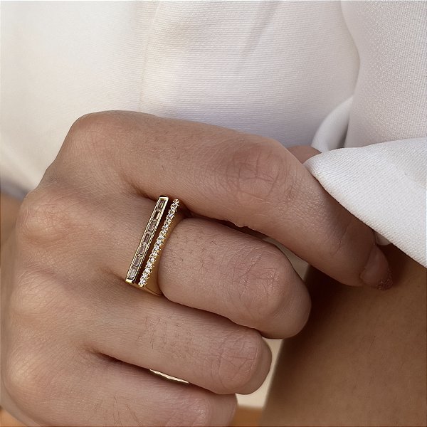 Anel Quadrado Duplo Cravejado Semijoias 18k - MA114