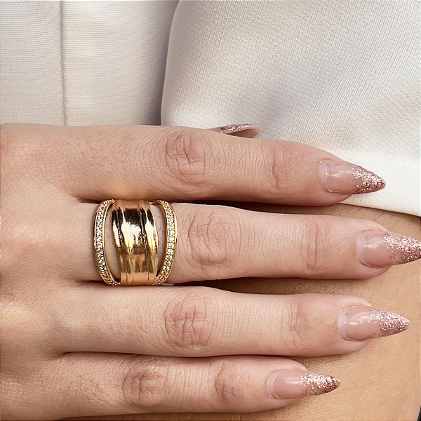 Anel com Frisos Cravejados com Zircônias Semijoias 18k - MA119