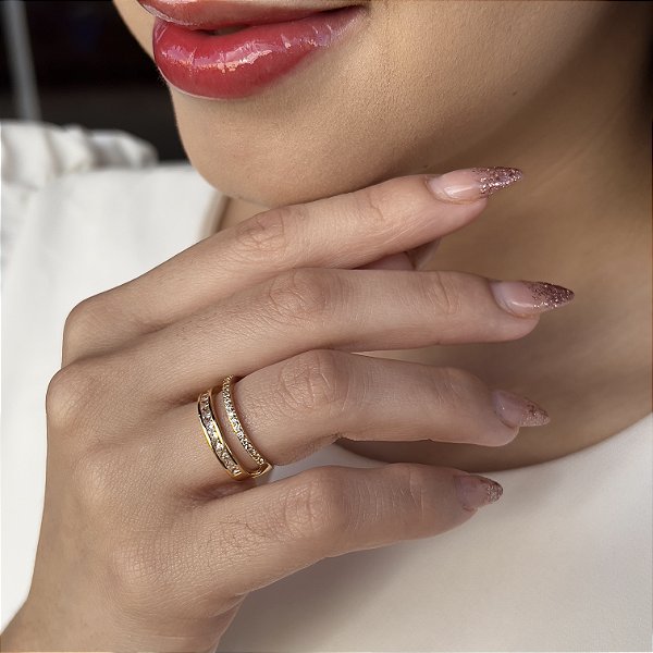 Anel Vazado Cravejado com Zircônias Semijoias 18k - MA135