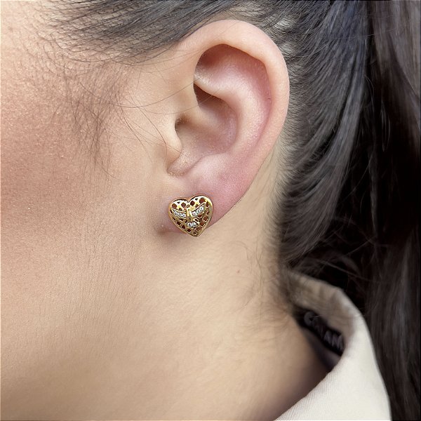 Brincos Coração com Espírito Santo Semijoias 18k - MB877