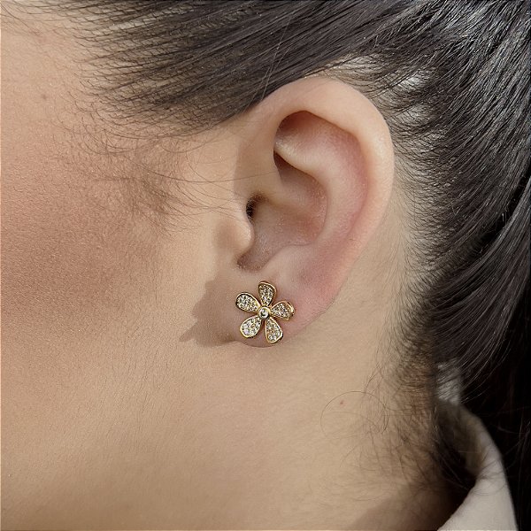 Brincos Flor Cravejada com Zircônias Semijoias 18k - MB887