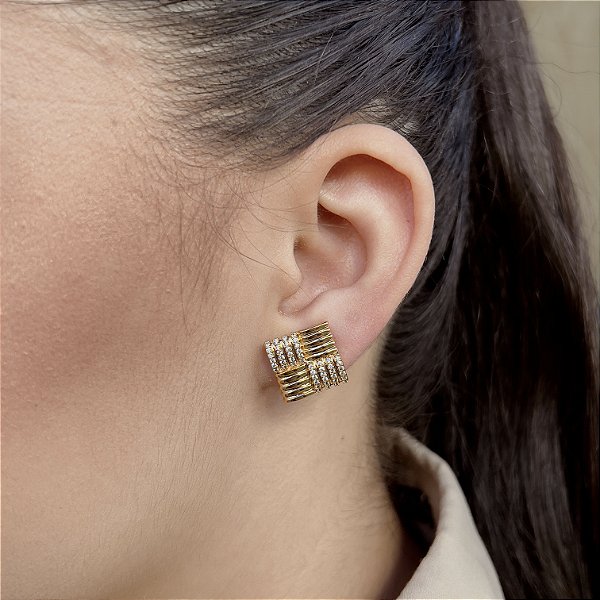Brincos Quadrados Detalhes com Zircônias Semijoias 18k - MB859