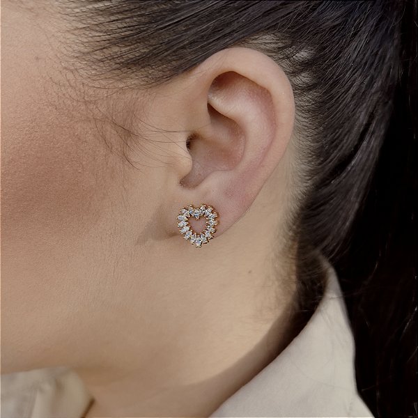 Brincos Coração Cravejado com Zircônias Semijoias 18k - MB873