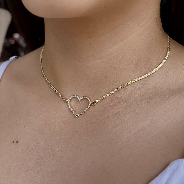 Choker com Coração Cravejado Semijoias 18k - MC631