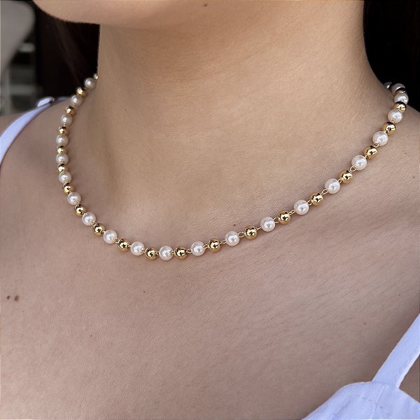 Gargantilha Bolas com Pérolas Semijoias 18k - MC619