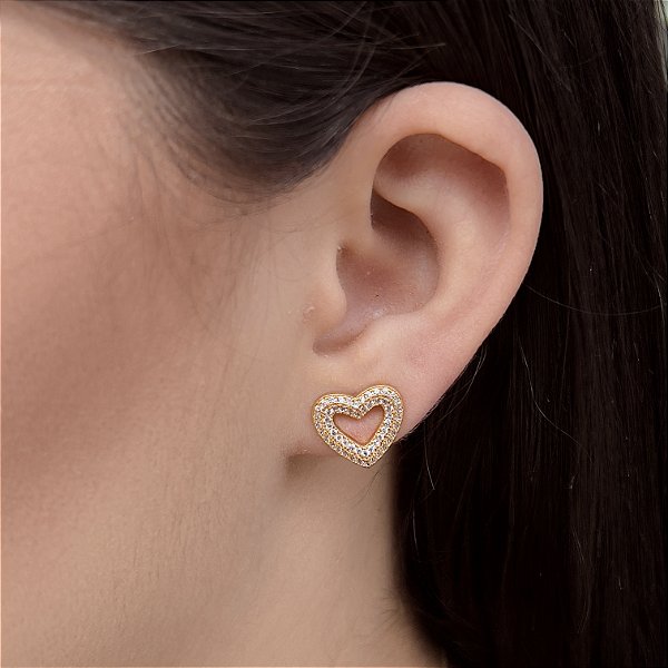 Brinco Coração Cravejado com Zircônias Semijoia18k - MB949
