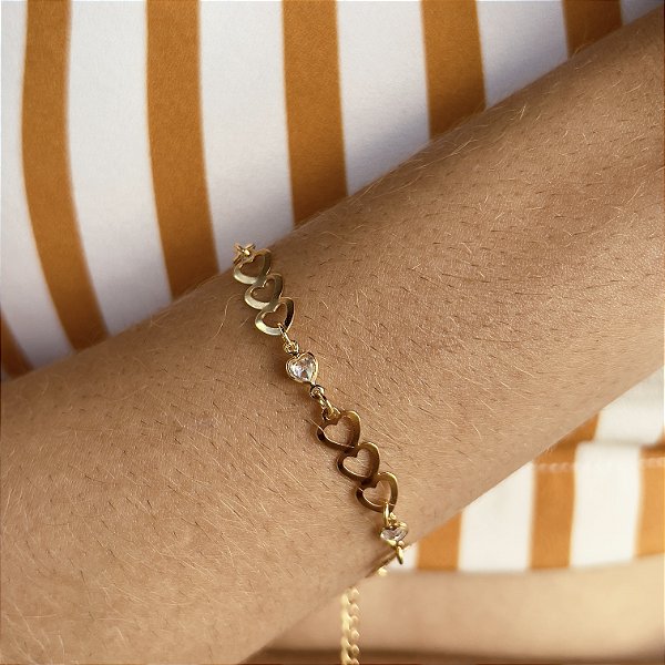Pulseira 3 Corações com Pedra Semijoia18k - MP520