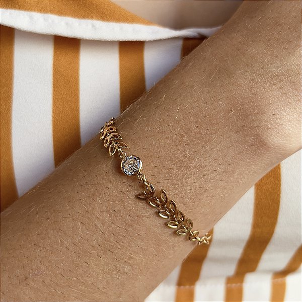 Pulseira Folhas com Pedra Semijoia18k - MP557