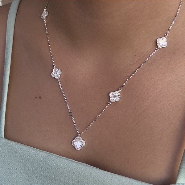 Gargantilha Trevo Madrepérola com Zircônias Prata 925 - CPR717