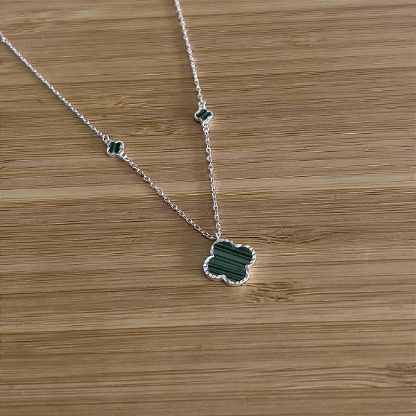Gargantilha com 3 Trevos Resina Verde Prata 925 - CPR720