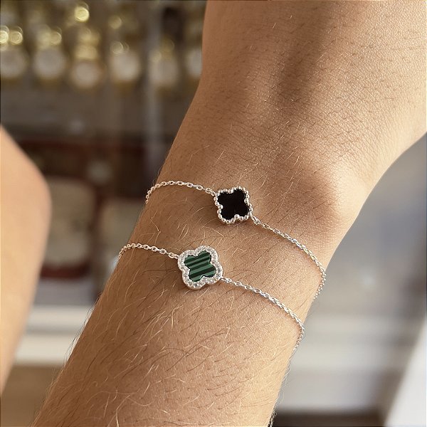 Pulseira Trevo Resinado Cravejado com Zircônias Prata 925 - PPR506