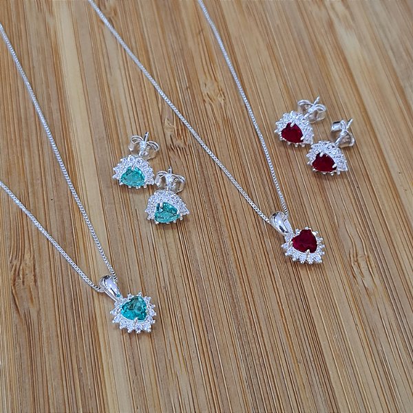 Conjunto Coração Cravejado com Zircônias Prata 925 - CJPR102