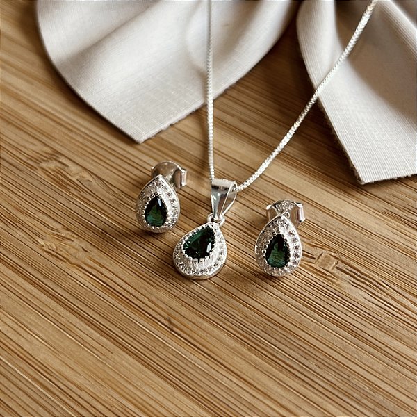 Conjunto Gota com Pedra Verde Prata 925 - CJPR104