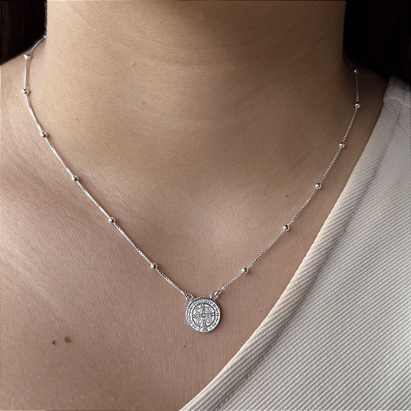 Gargantilha de Bolinhas com Pingente São Bento Prata 925 - CPR742