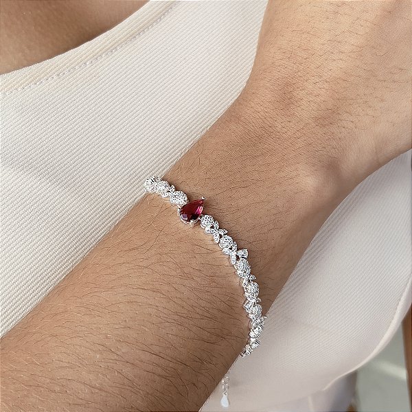 Pulseira Gota Vermelha Cravejada com Zircônias Prata 925 - PPR529
