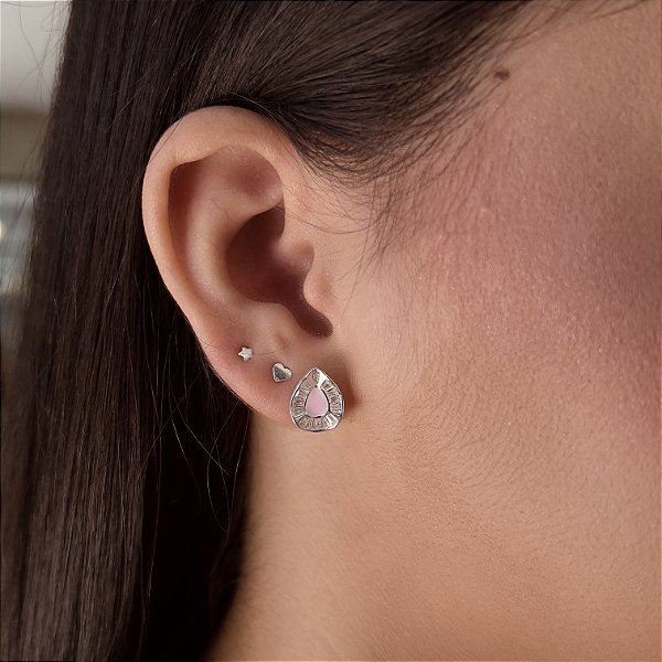 Brincos Gota com Zircônias Prata 925 Resina Rosa - BPR798