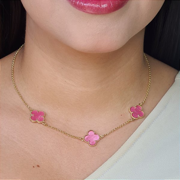 Choker com Trevos Rosa Resinados Semijoias 18k - MC849