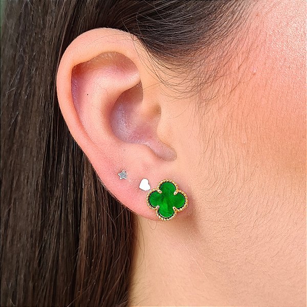 Brincos Trevo Verde Resinado Semijoias 18k - MB986