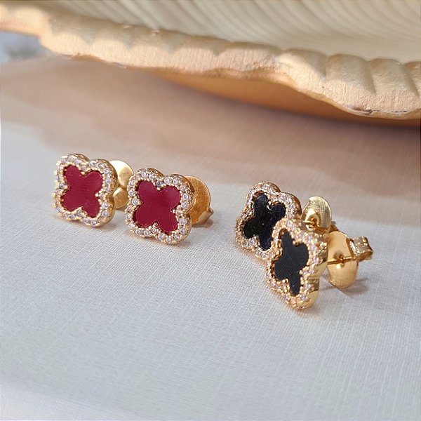 Brincos Trevos Cravejados e Resinados Semijoias 18k - MB690