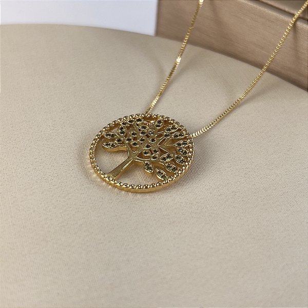 Gargantilha Árvore da Vida com Zircônias Verde Semijoia 18K - MC879