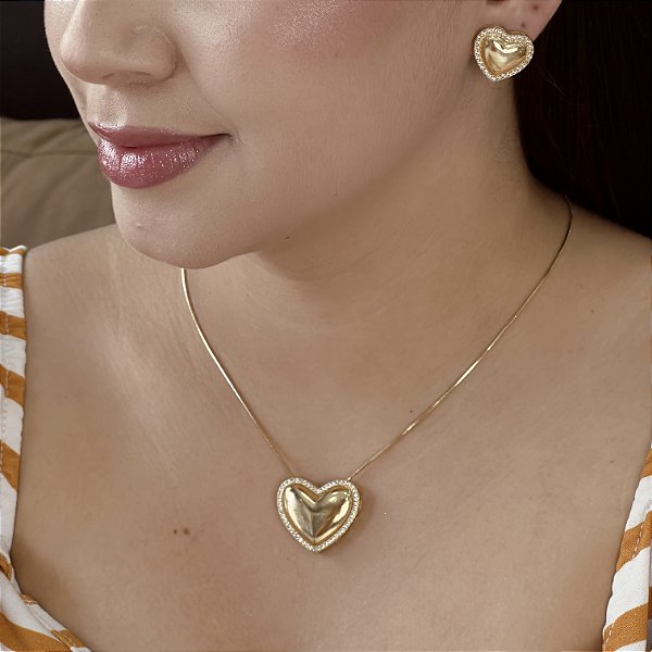 Conjunto Coração Cravejado com Zircônias Semijoias 18k - MC855