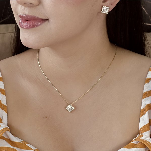 Conjunto Quadrado Cravejado com Zircônias Semijoia 18k - MCJ95