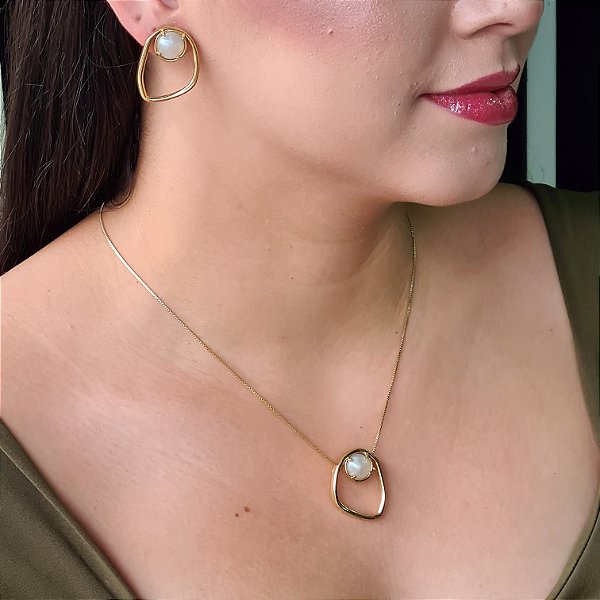 Conjunto Orgânico com Pedra Acrílica Semijoia 18k - MCJ113