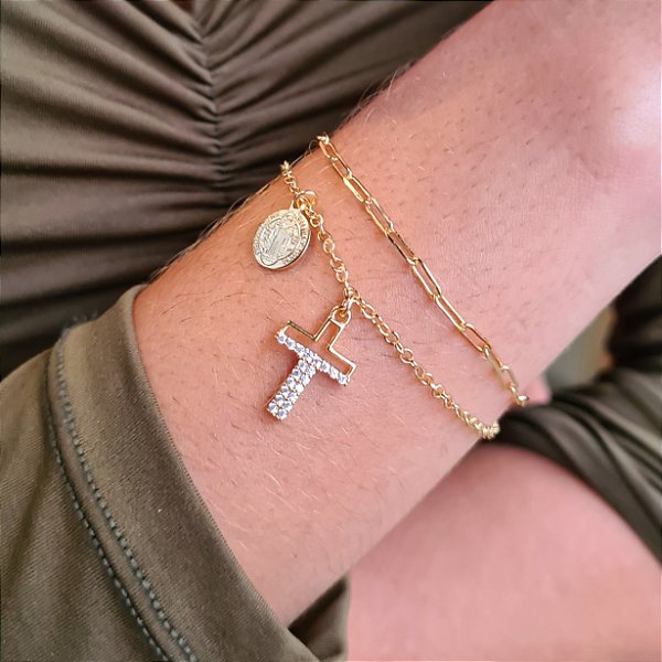 Pulseira Dupla com Pingentes Crucifixo e São Bento Semijoia 18k - MP701
